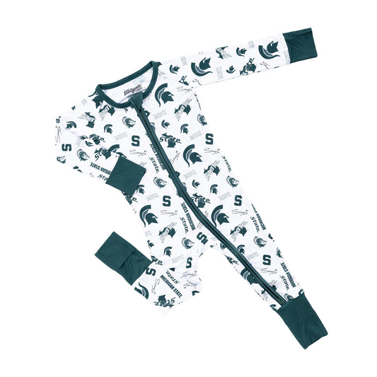 Officially licensed Michigan State baby bamboo sleeper featuring all-over Spartans logos and green trim.
