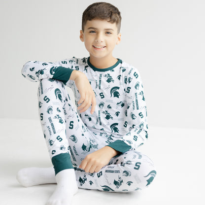 Michigan State Spartans two-piece bamboo pajama set in white with green trim and officially licensed logo print.