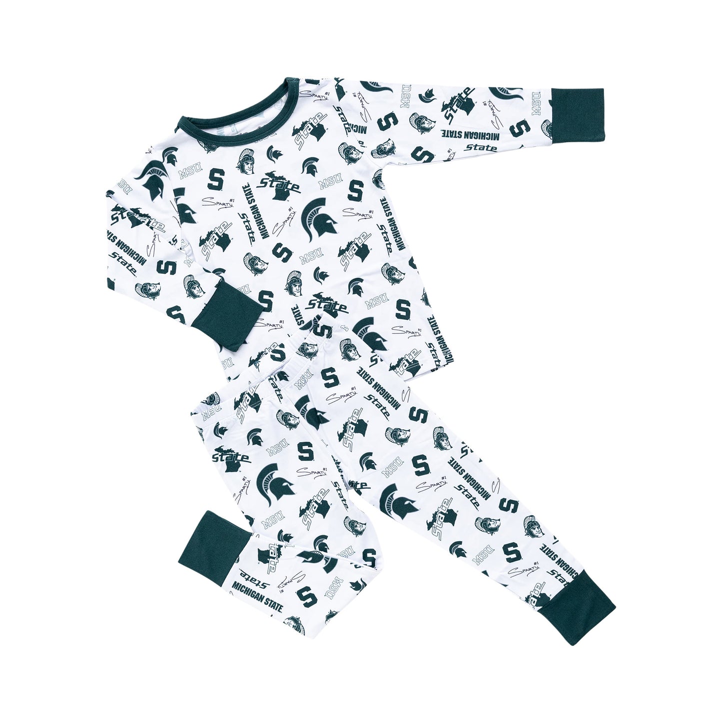 Officially licensed Michigan State Spartans kids bamboo pajamas featuring long sleeves and matching pants.