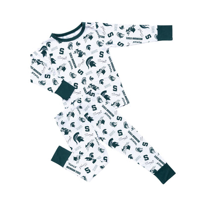 Officially licensed Michigan State Spartans kids bamboo pajamas featuring long sleeves and matching pants.