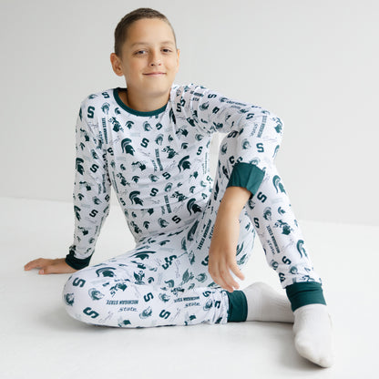 Kids Michigan State Spartans game day pajamas with officially licensed green and white team graphics.