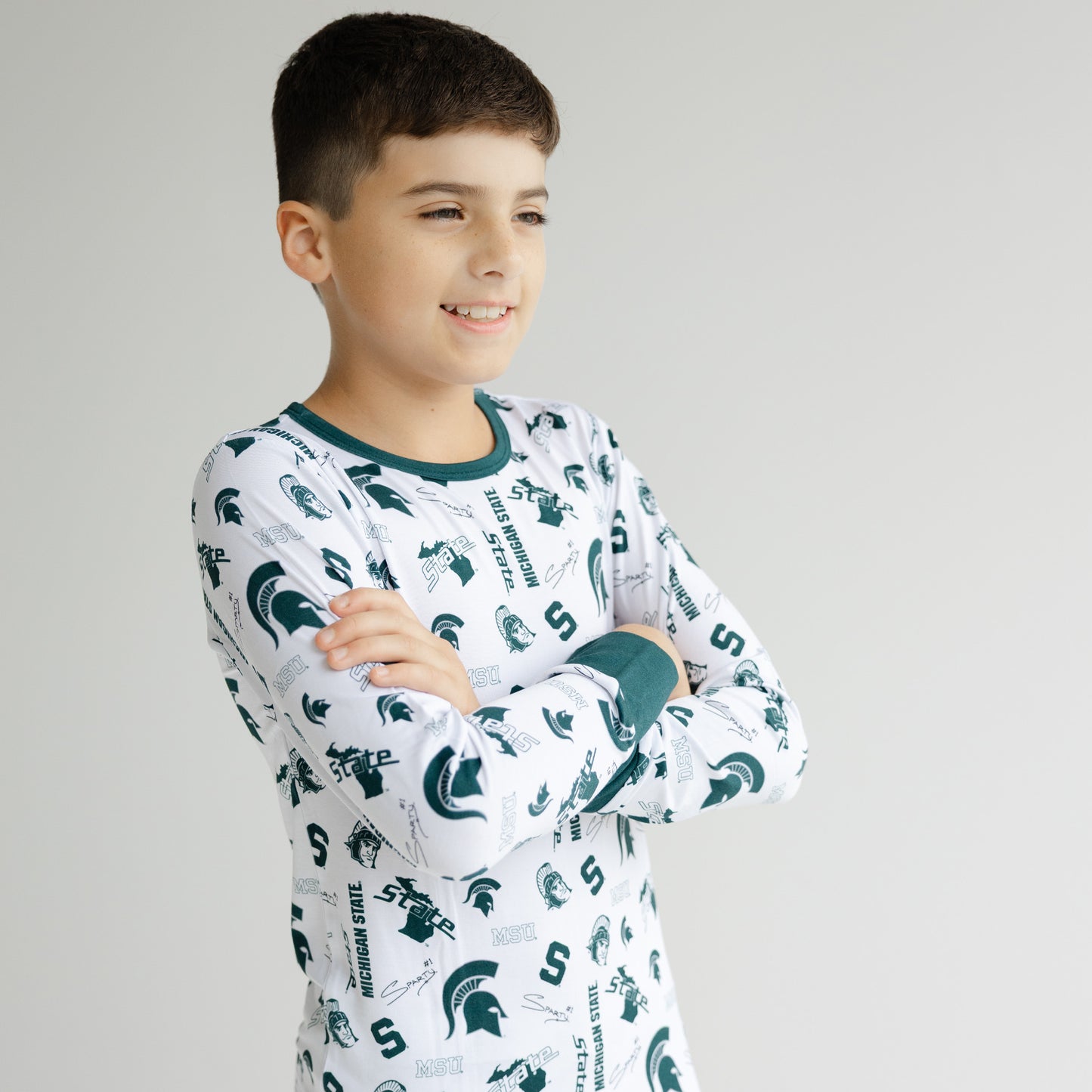 Michigan State Spartans toddler bamboo pajama set with soft fabric and all-over team logos.