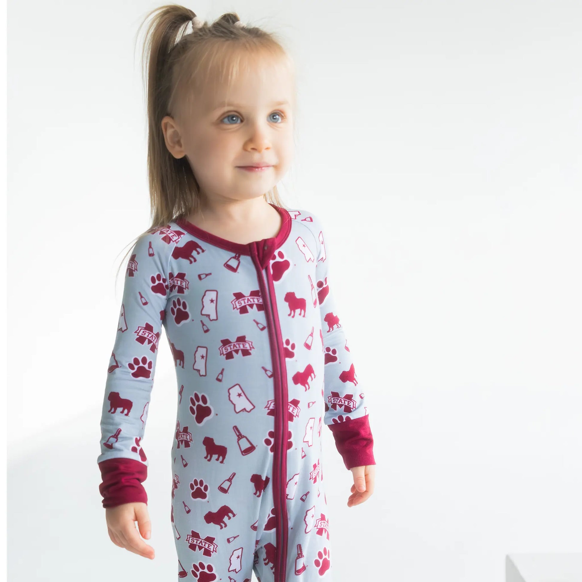 Mississippi State Bulldogs bamboo baby One-Piece sleeper with fold-over mittens.