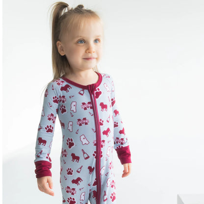 Mississippi State Bulldogs bamboo baby One-Piece sleeper with fold-over mittens.