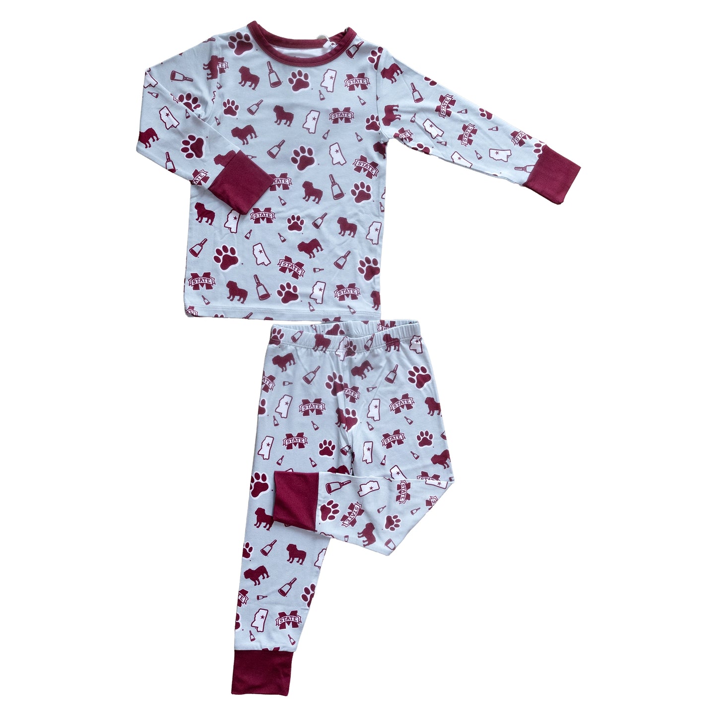 Mississippi State Bulldogs officially licensed bamboo kids Pajama Set in maroon with all-over team logo print.