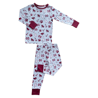 Mississippi State Bulldogs officially licensed bamboo kids Pajama Set in maroon with all-over team logo print.