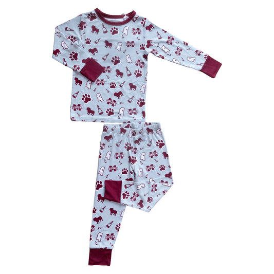 Mississippi State Bulldogs officially licensed bamboo kids Pajama Set in maroon with all-over team logo print.