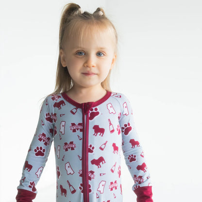 Mississippi State Bulldogs soft bamboo double zipper Onesie for newborns and toddlers.