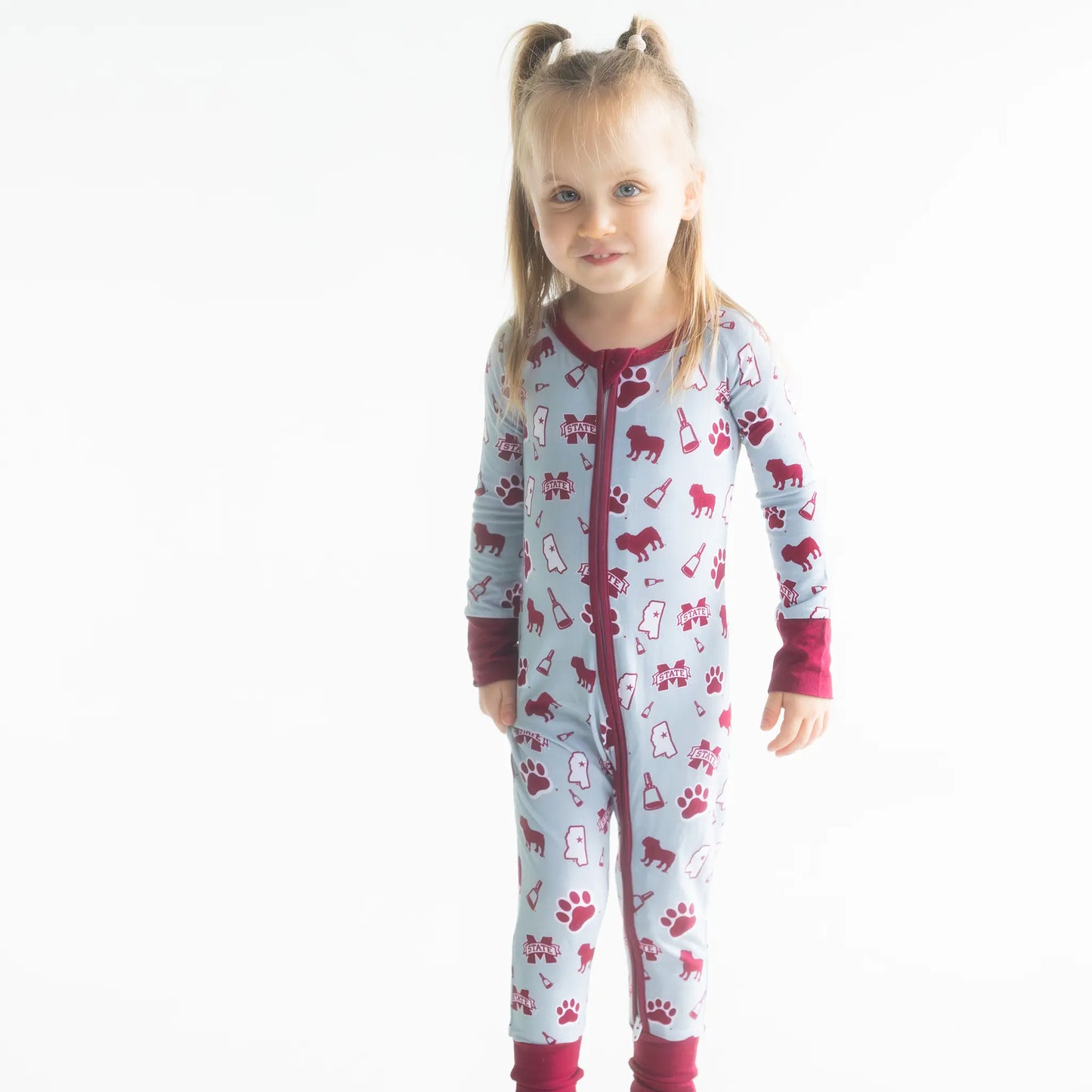 Mississippi State Bulldogs officially licensed bamboo zip-up One-Piece for infants.