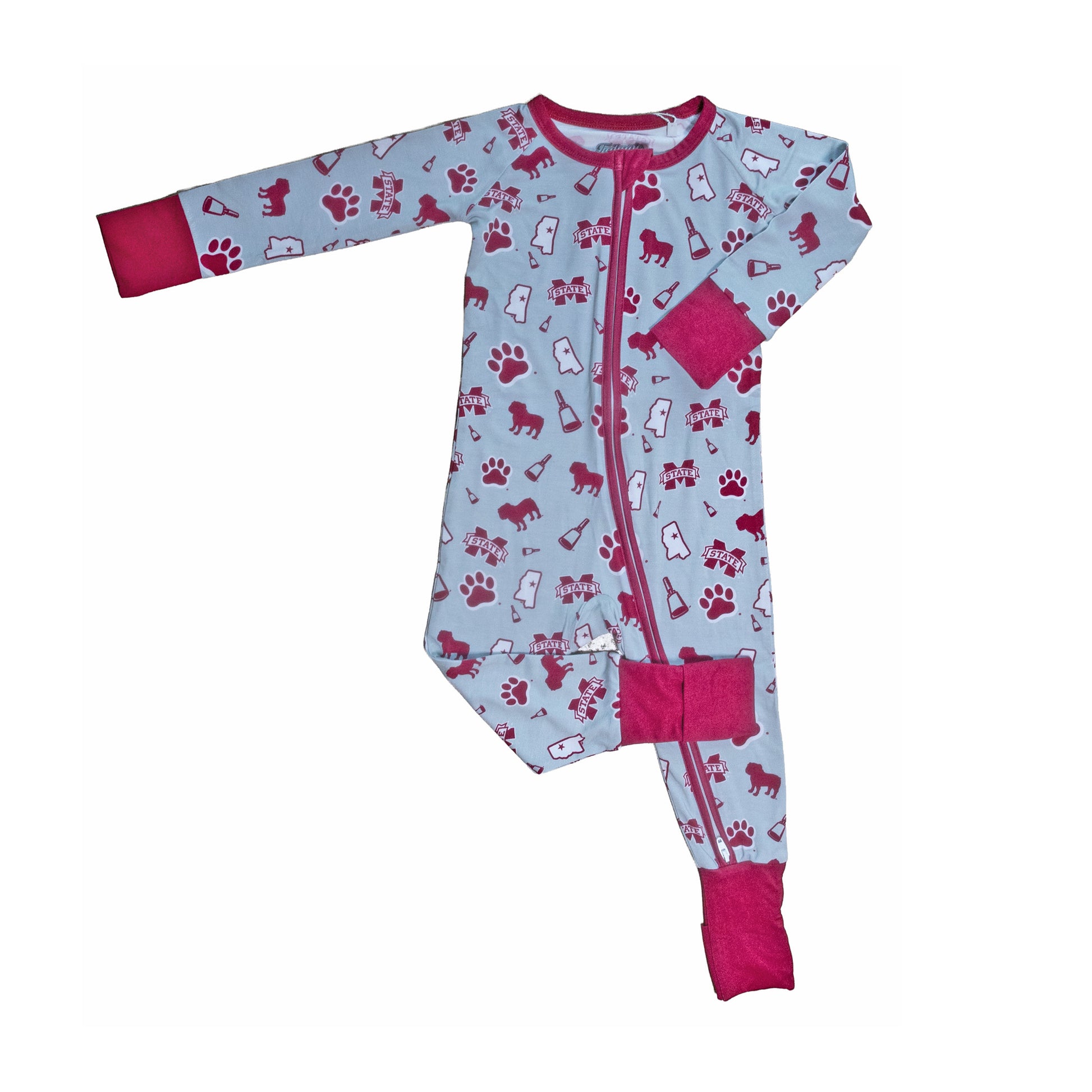 Mississippi State Bulldogs infant zippy one piece with maroon and white team-inspired print