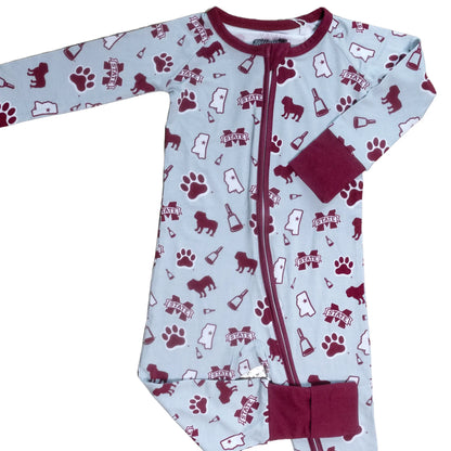 Mississippi State Bulldogs Zipper bamboo Sleeper with double zipper zipper design and all over bulldogs print.