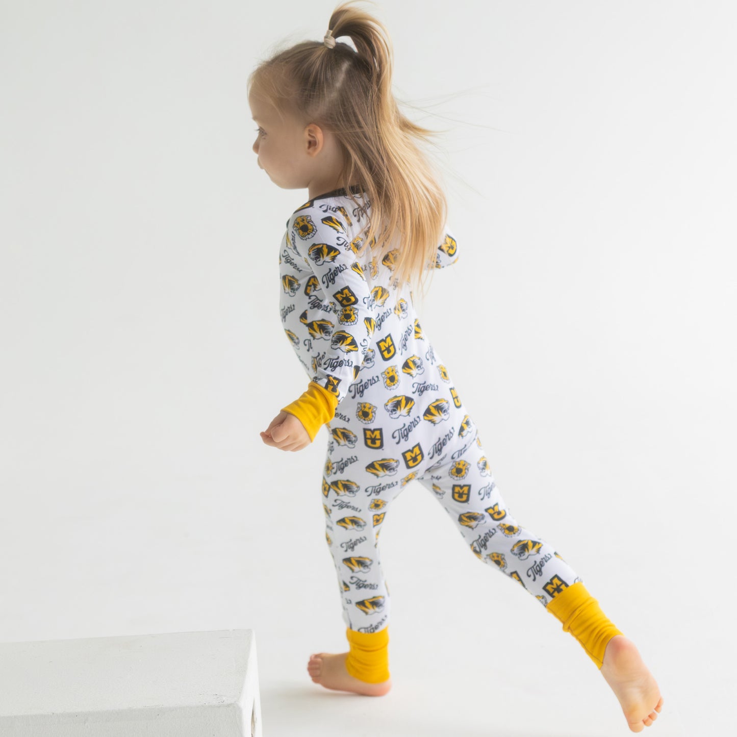 Missouri Tigers bamboo zippy pajamas for babies with black and gold team branding