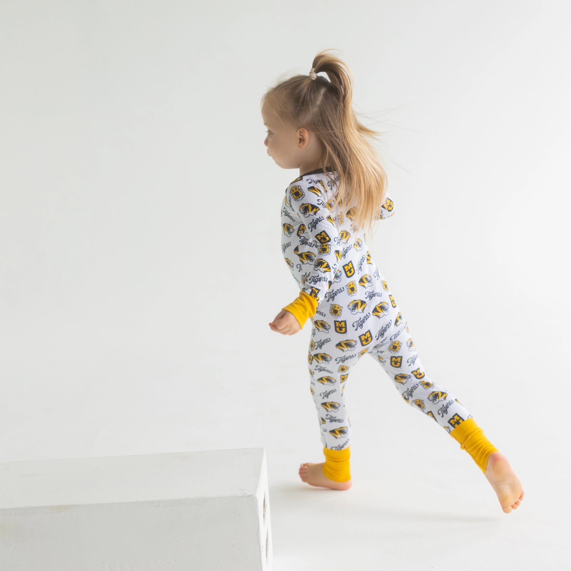 Missouri Tigers breathable bamboo zip-up One-Piece for infants and toddlers with convertible footies.