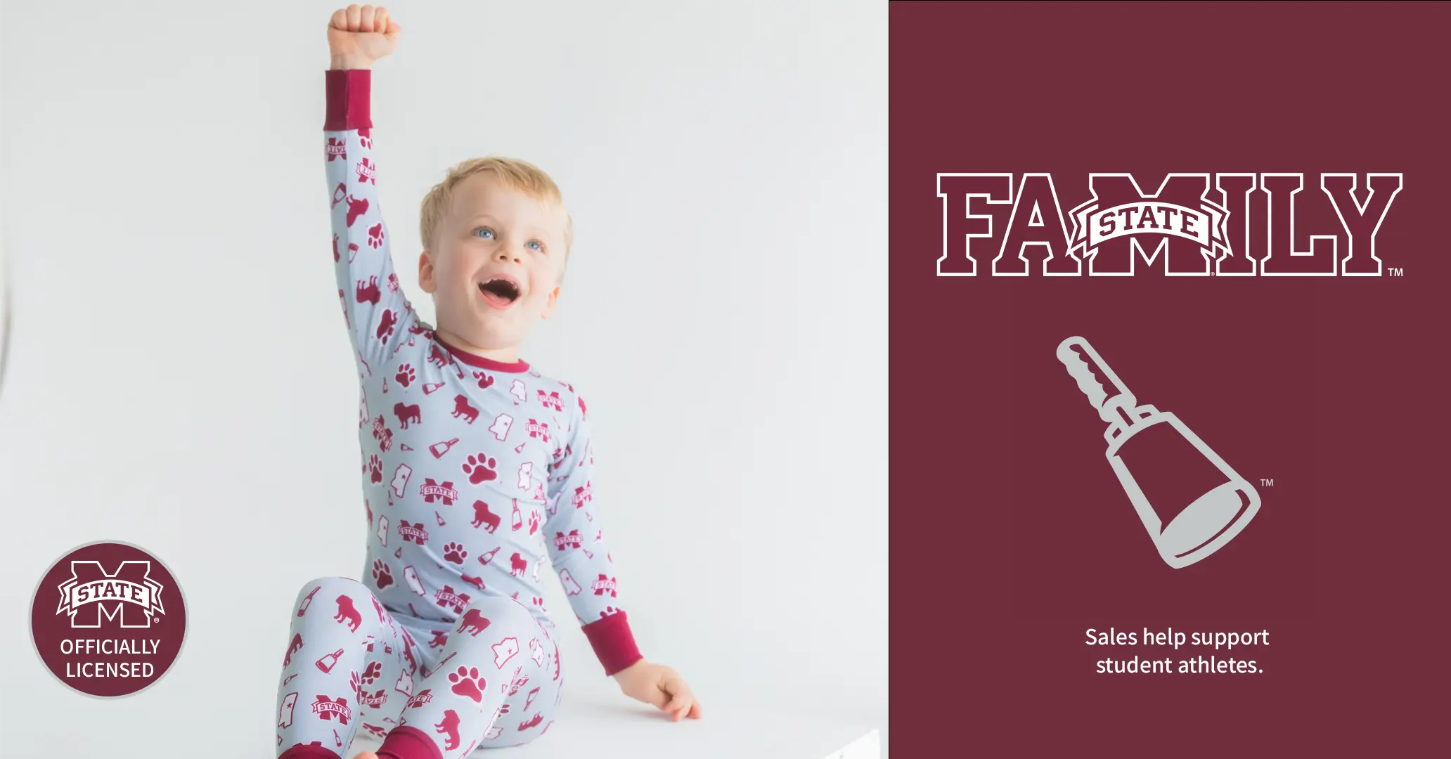 A child wearing a light gray and maroon patterned long-sleeve pajama set sits with one arm raised against a white background. The right side shows a maroon panel with the text 'FAMILY STATE' and a bell graphic, plus a circular 'Officially Licensed' mark.
