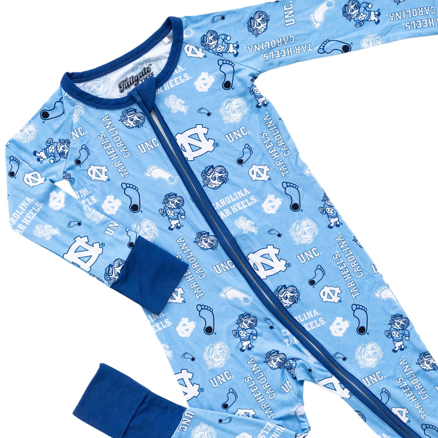 North Carolina Tar Heels bamboo zippy pajamas for babies with Carolina blue team branding