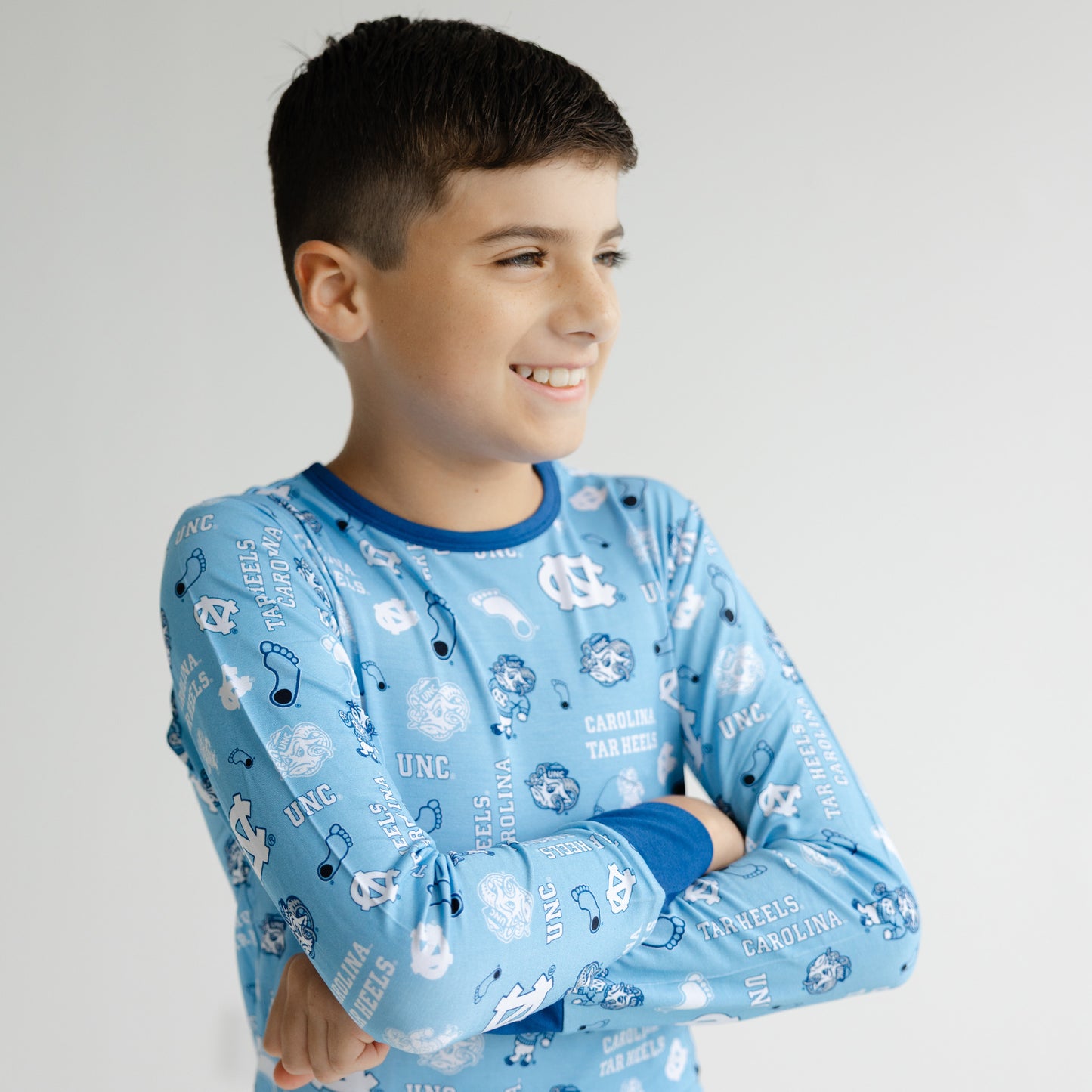 North Carolina Tar Heels kids two-piece pajama set made from soft bamboo fabric