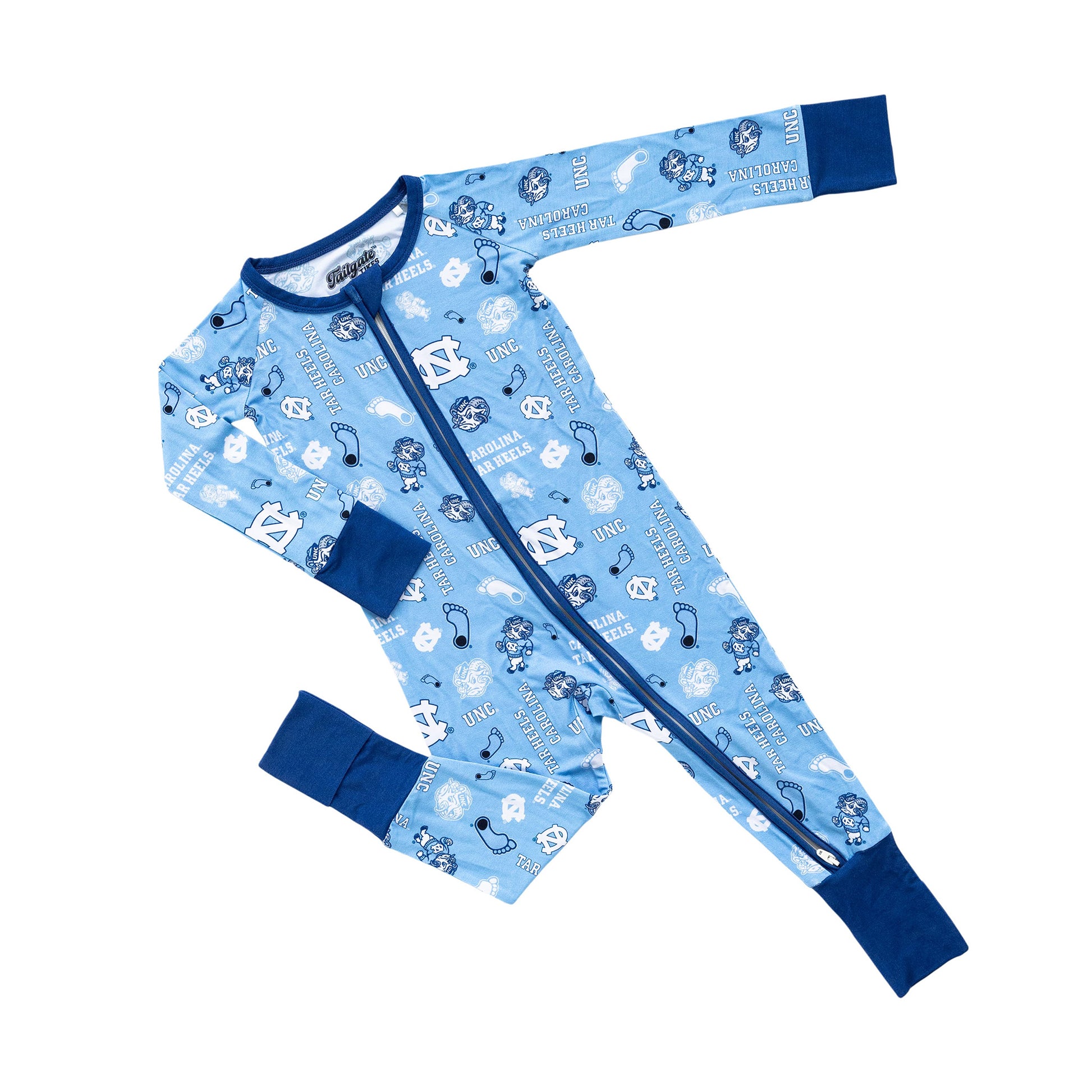 Officially licensed North Carolina Tar Heels baby sleeper made from soft bamboo fabric