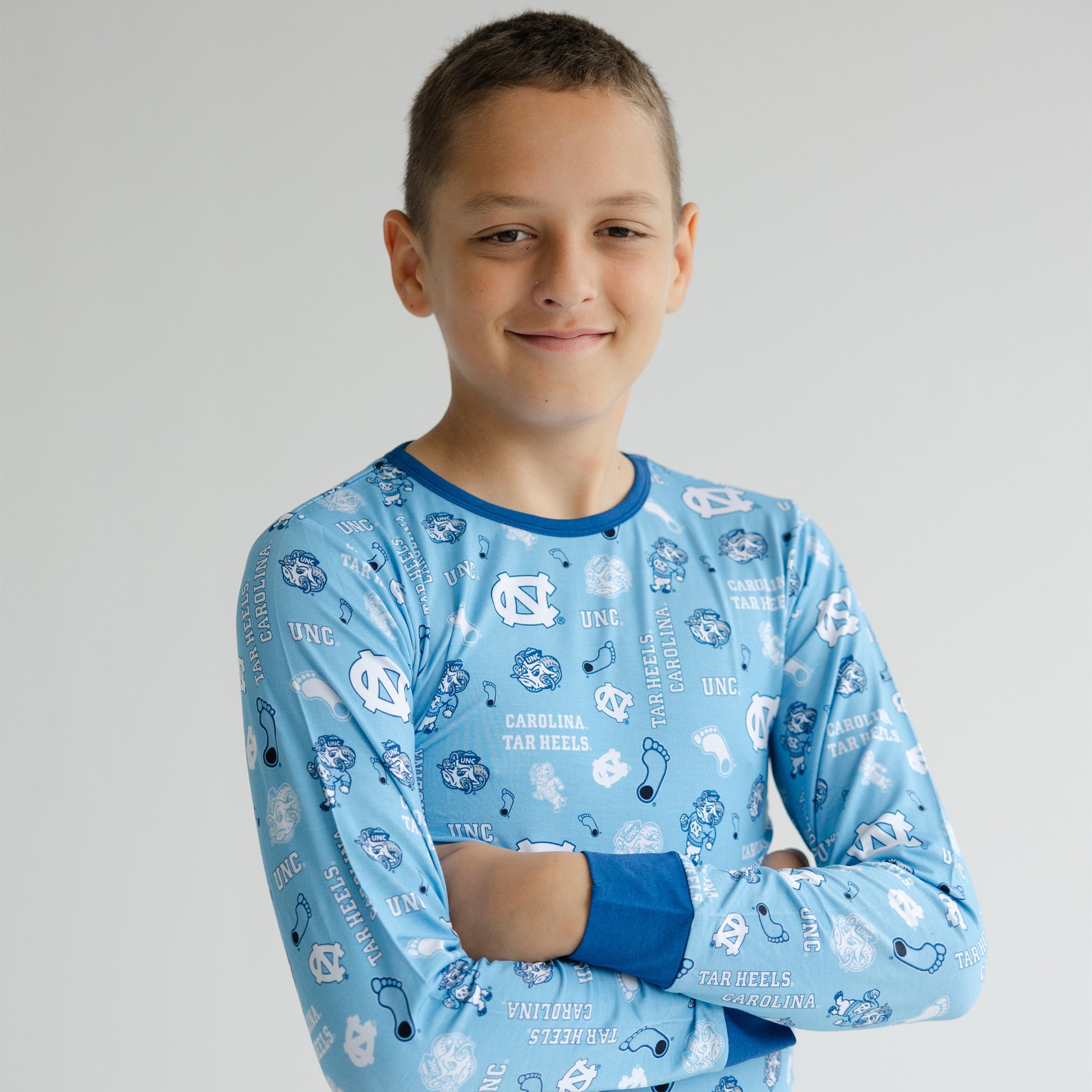 North Carolina Tar Heels kids game day pajamas made from soft bamboo fabric