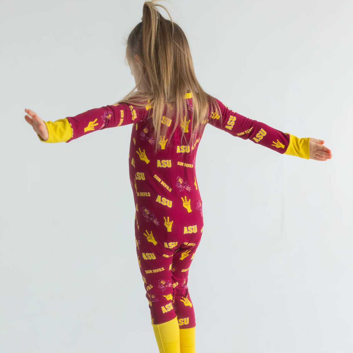 ASU bamboo zippered Onesie featuring maroon and gold team colors and Sun Devils logo print.