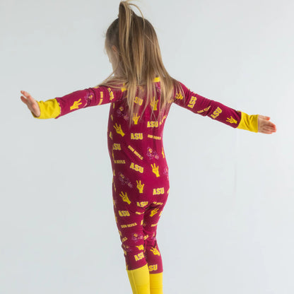 ASU bamboo zippered Onesie featuring maroon and gold team colors and Sun Devils logo print.