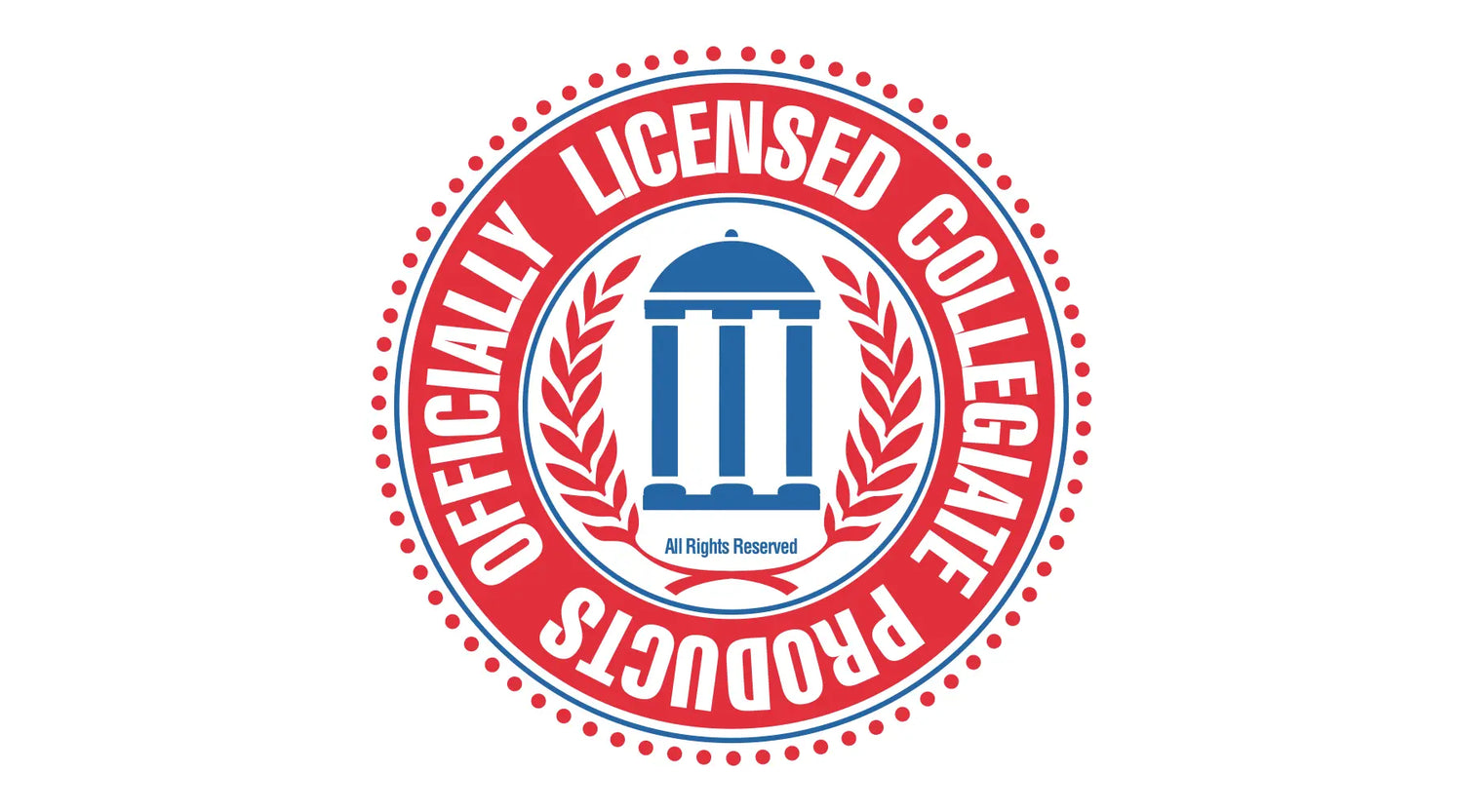 A circular red, white, and blue logo seal reading 'OFFICIALLY LICENSED COLLEGE PRODUCTS' with a blue building icon in the center on a white background.
