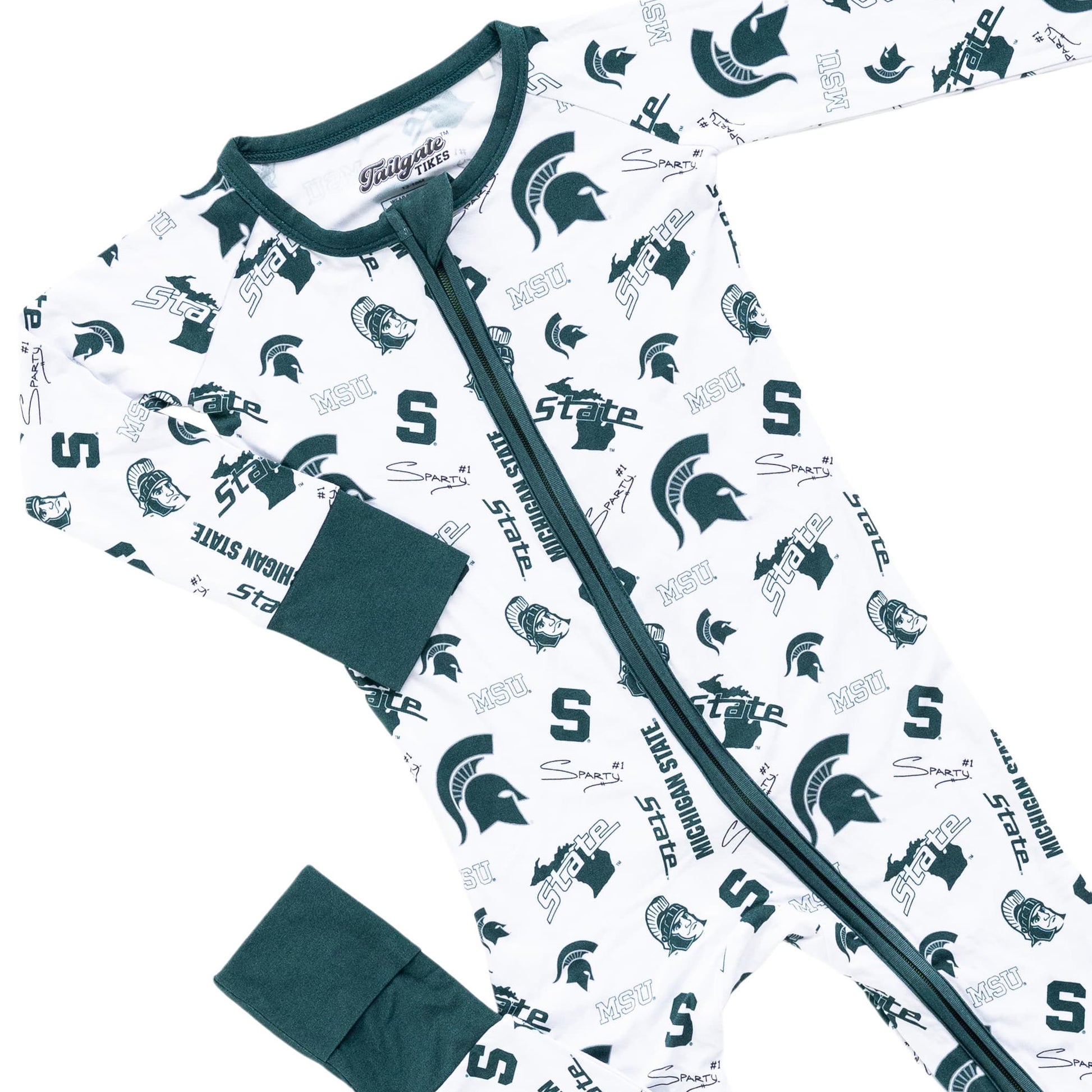 Michigan State Spartans infant bamboo pajamas with double zipper and officially licensed logo print.