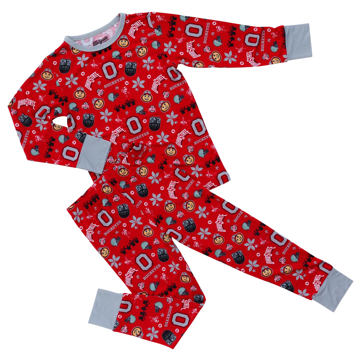 A two-piece children's pajama set laid flat on a white background. The set features officially licensed ohio state buckeyes print bamboo pajamas. 