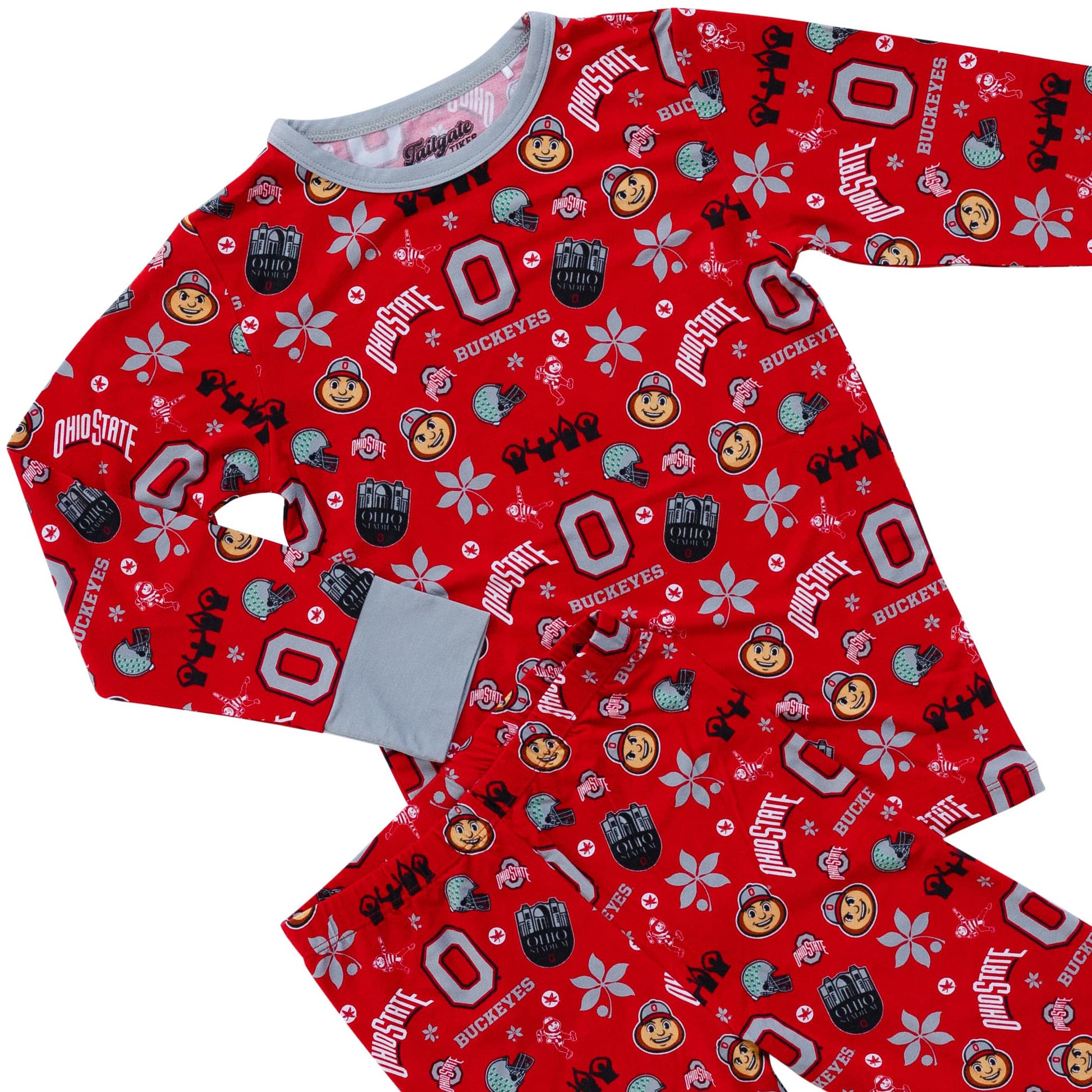 A red long-sleeve pajama set with an all-over Ohio State Buckeyes print, featuring a gray collar and cuffs, laid flat on a white background.