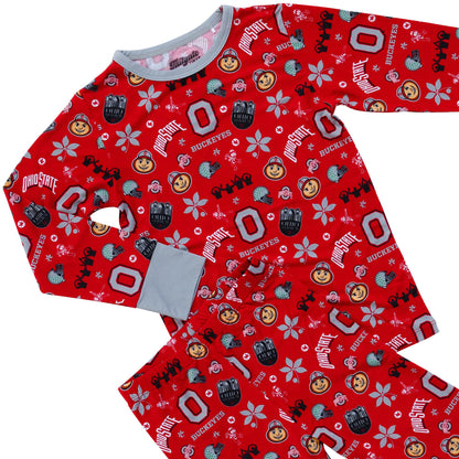 A red long-sleeve pajama set with an all-over Ohio State Buckeyes print, featuring a gray collar and cuffs, laid flat on a white background.