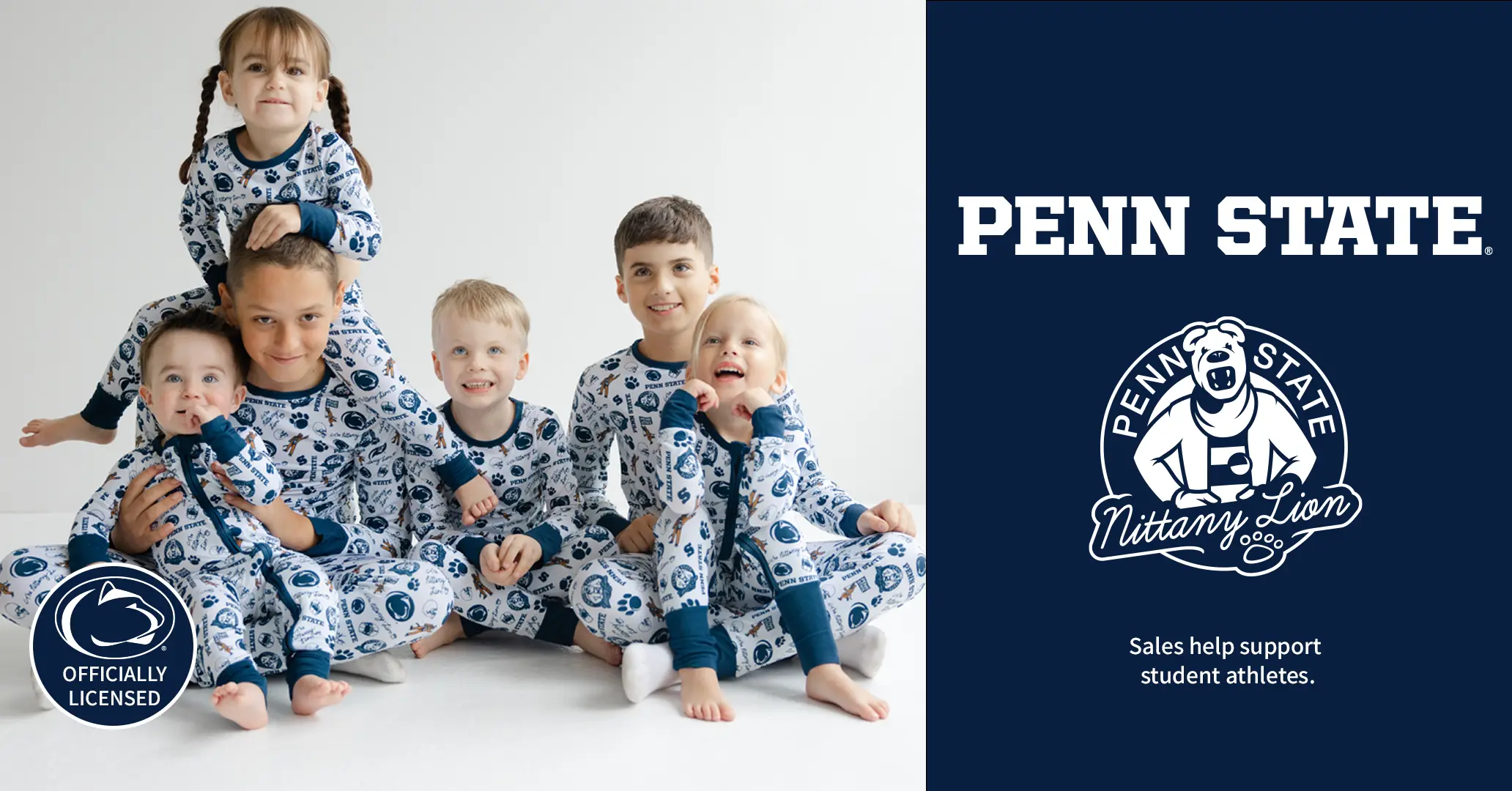 Children wearing matching pajamas with Penn State logo on a white background