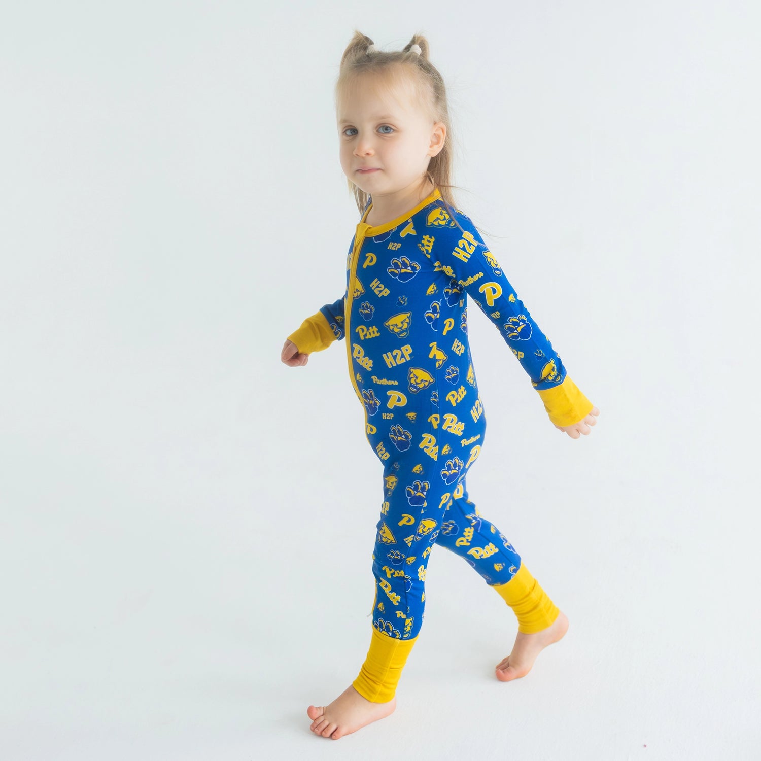 Pitt Panthers Zippy bamboo One-Piece sleeper with blue and gold logo print.