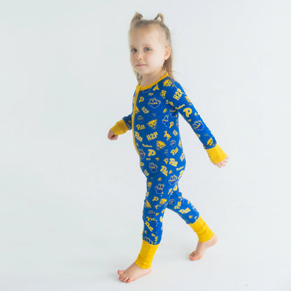 Pitt Panthers Zippy bamboo One-Piece sleeper with blue and gold logo print.