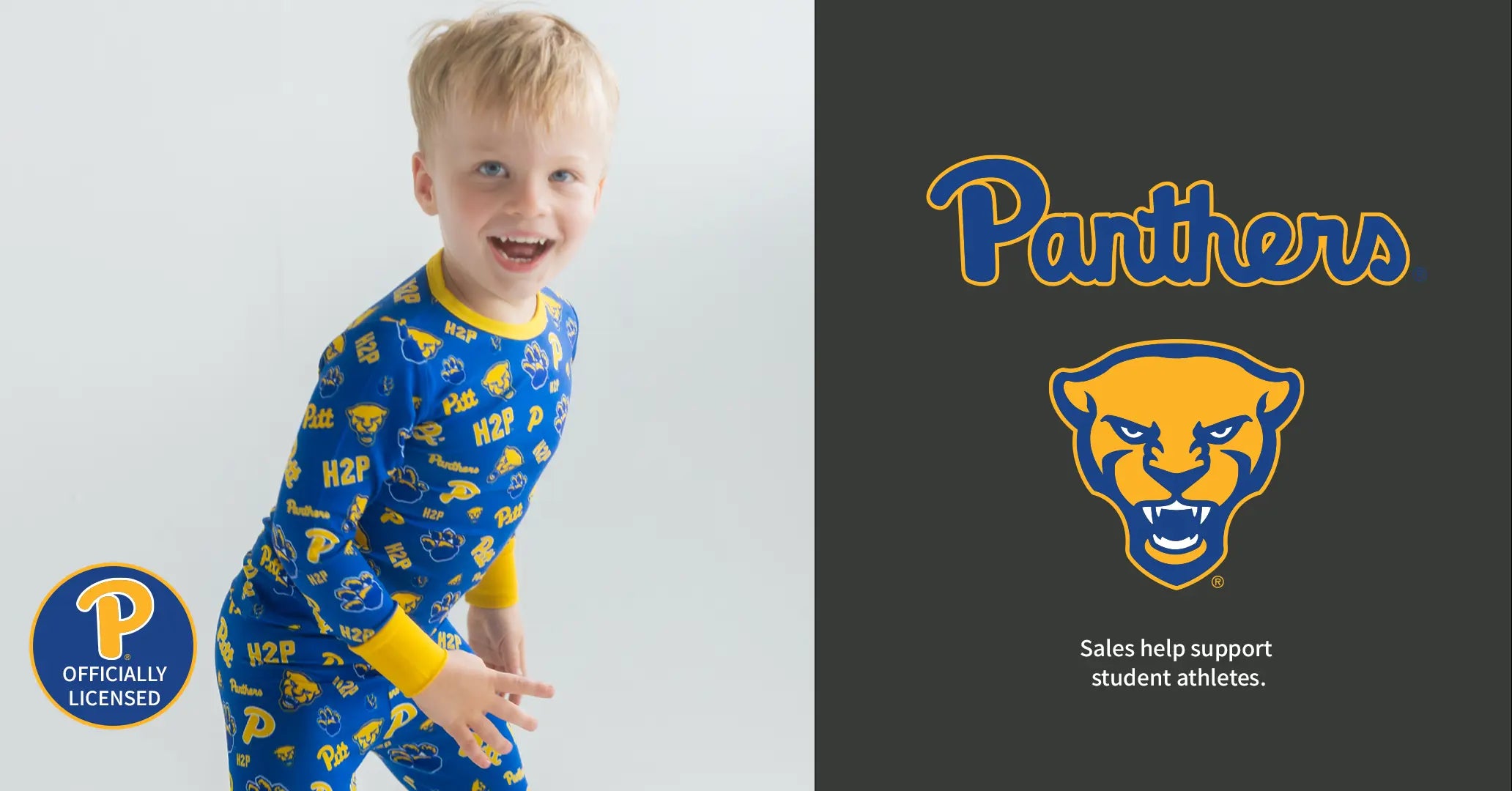 A young boy wearing blue and yellow Panthers athletic pajamas, shown on the left against a light gray background. The right side features a dark gray panel with the Panthers logo and the text 'Sales help support student athletes.