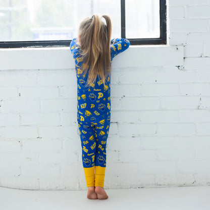 Pitt Panthers bamboo baby zip-up One-Piece sleeper in blue and gold logo print.