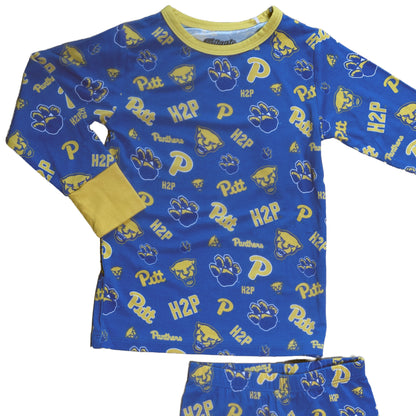 Pitt Panthers Two-Piece Pajama Set with all over official team logo print in blue and gold.