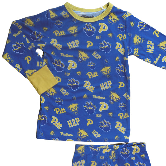 Pitt Panthers Two-Piece Pajama Set with all over official team logo print in blue and gold.