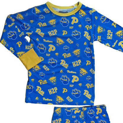 Kids blue Pitt Panthers pajamas with gold trim