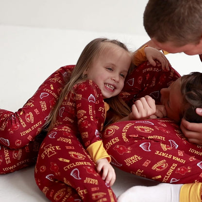 Iowa State Cyclones zippy one-piece sleeper and kids two-piece pajama set shown together