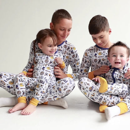 Matching LSU Tigers bamboo pajamas for baby, toddler, and kids fans
