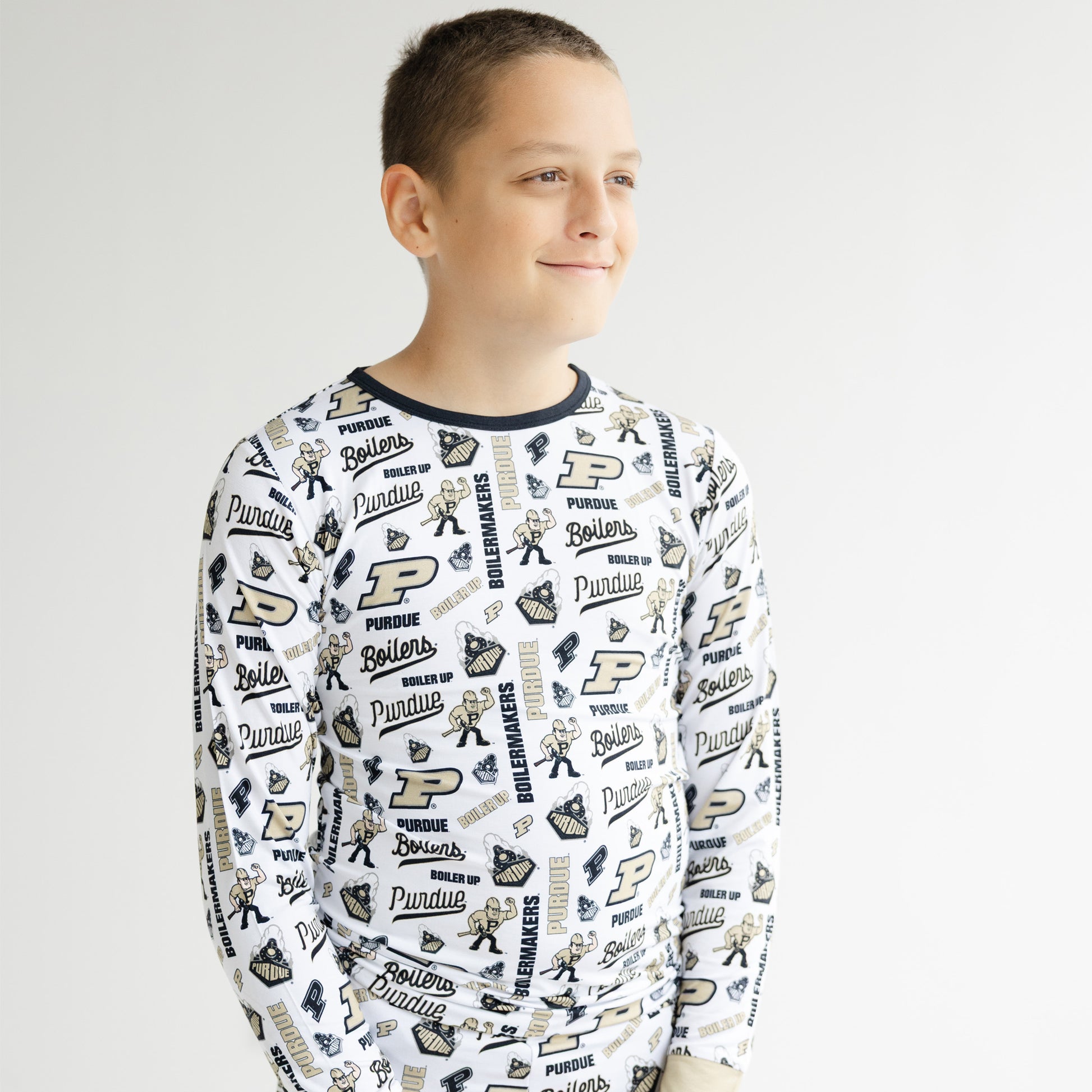 Purdue Boilermakers bamboo pajamas for little fans with white background and black and gold trim
