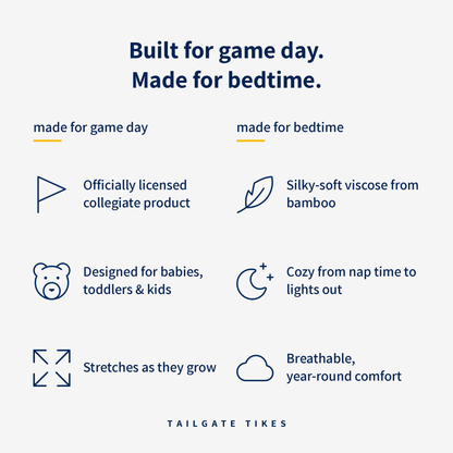 An informational graphic for Tailgate Tikes featuring product benefits for game day and bedtime, including officially licensed collegiate product status, silky-soft visco from bamboo, suitability for babies, toddlers, and kids, stretchability, and breathability, on a light gray background.