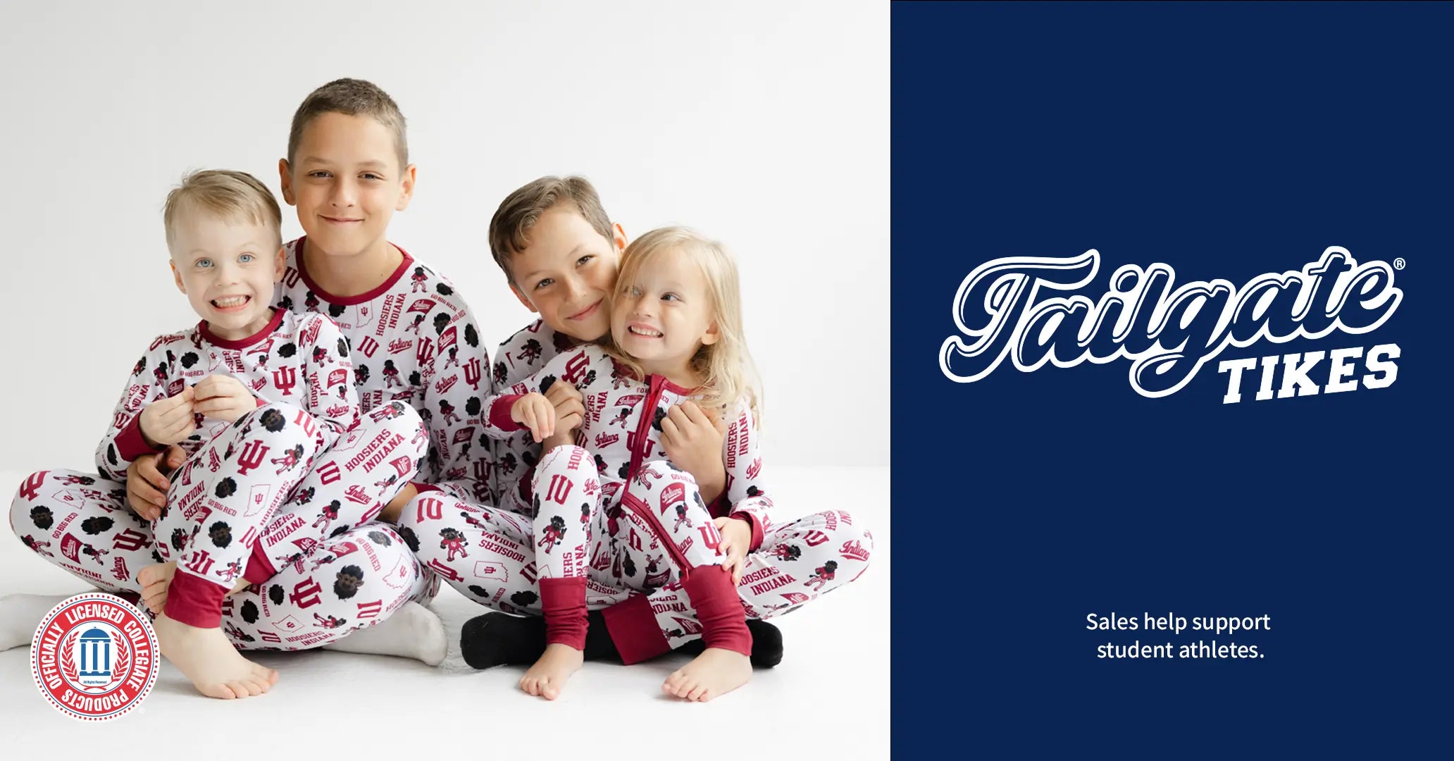 Children wearing matching pajamas with a 'Tailgate Tikes' logo on a white background.
