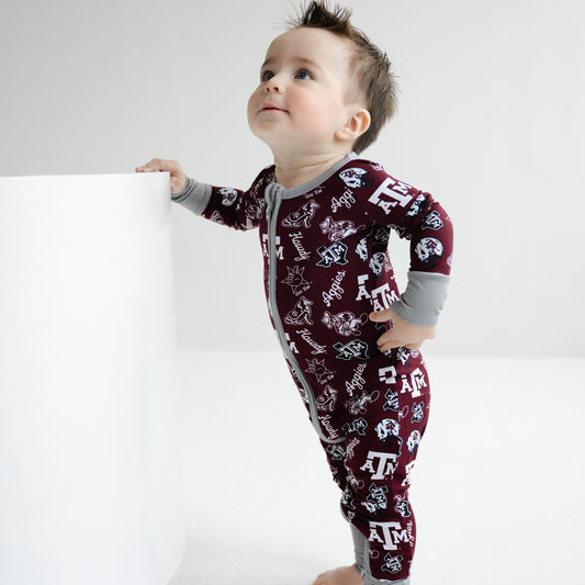 Texas A&M Aggies baby bamboo zippy one-piece sleeper with officially licensed team print