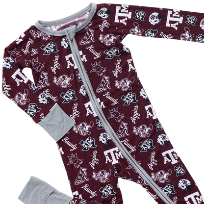 Texas A&M Aggies infant bamboo zip sleeper in maroon and white team design