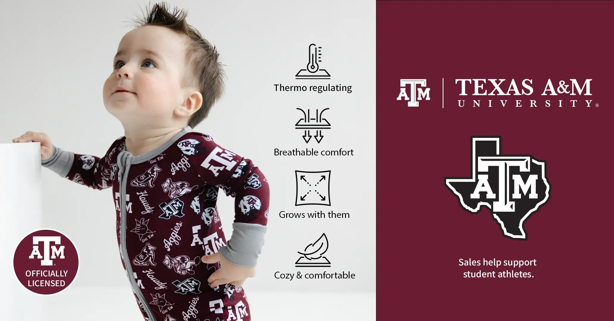 Baby in maroon and gray onesie with Texas A&M logo, text about product features, and Texas A&M University branding.