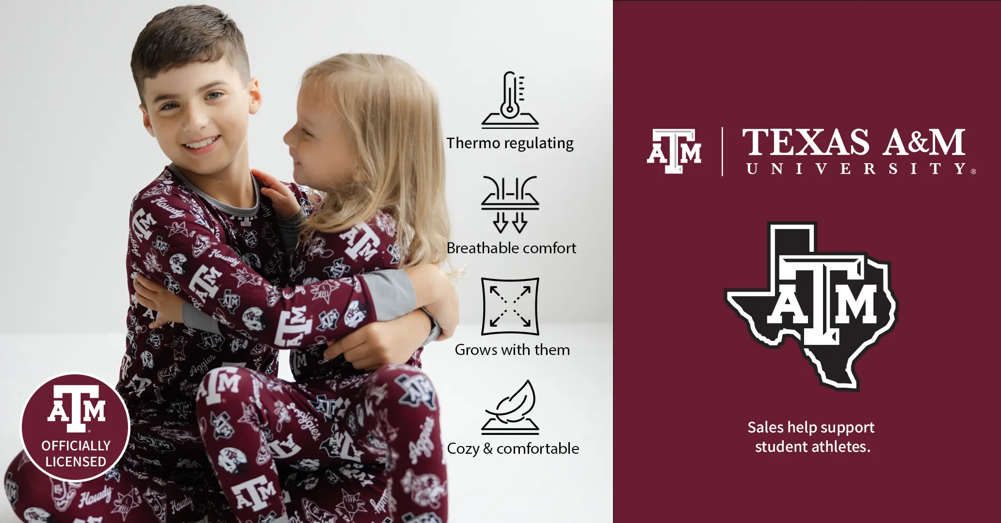 Two children in Texas A&M-themed pajamas with university branding and features on a white background.