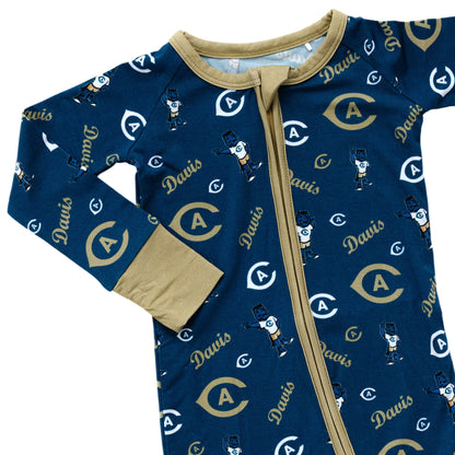 UC Davis Aggies infant bamboo one-piece sleeper with all-over Aggies print