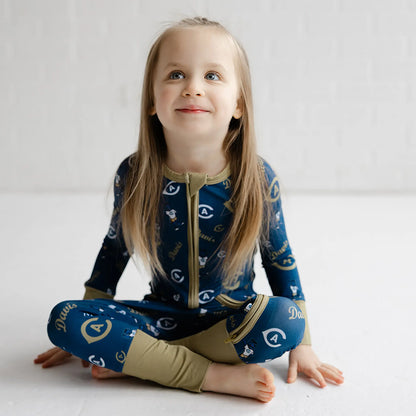 Front view of UC Davis Aggies bamboo zippy one piece in official blue team color.