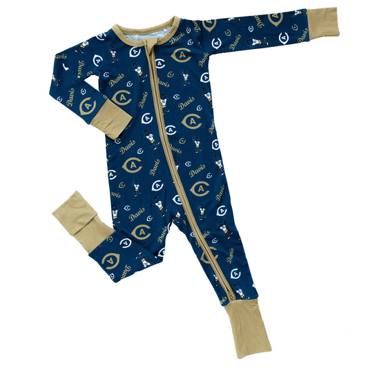 UC Davis Aggies bamboo zippy one piece in blue for baby featuring officially licensed team graphics.