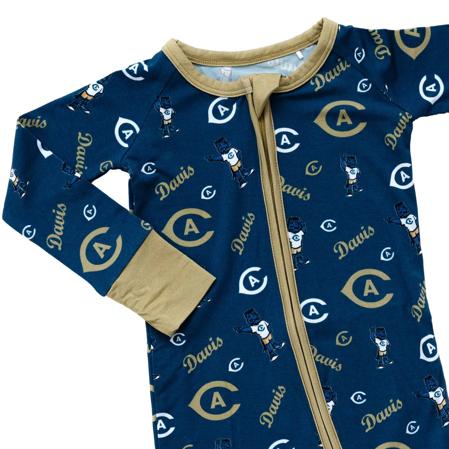 Baby bamboo zipper sleeper with UC Davis Aggies logo in official blue team color.
